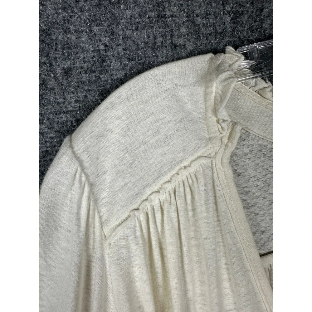 Free People Women Smocked Cuff V Neck Top Medium Boho Slub Knit Ivory White - Picture 9 of 12